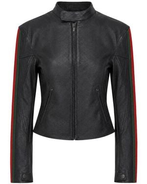 Gucci Leather Biker Jacket With Web Stripe - Black