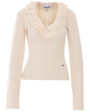 Ganni Ribbed Merino Top With Logo And Ruches - White