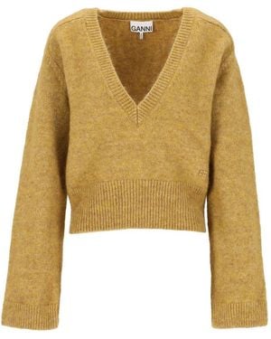 Ganni Melange Mohair Deep V-Neck - Yellow