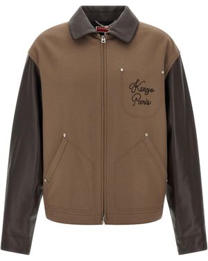KENZO Leather-Sleeved Embroidered Jacket - Brown