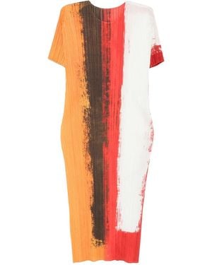 Pleats Please Issey Miyake Pleated Printed Midi Dress - Orange