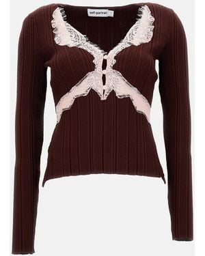Self-Portrait Lace Knit Top - Brown