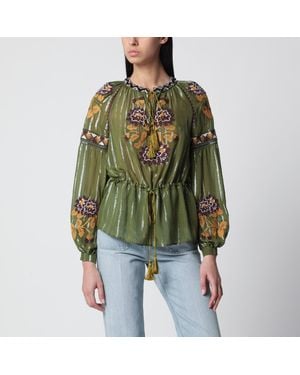 Valentino Embroidered Lurex Silk Shirt Camou - Green