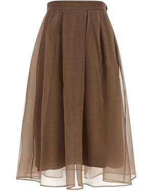 Brunello Cucinelli Silk Midi Skirt - Brown