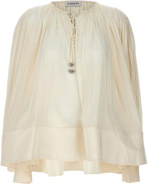 Lanvin V-Neck Wide Blouse With Drawstring Detail - Natural