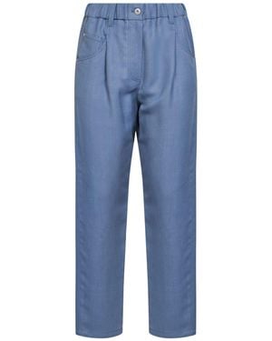 Brunello Cucinelli Light Fluid Twill Baggy Pants With Monili - Blue
