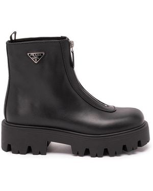 Prada Leather Zipper Booties - Black