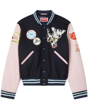 KENZO Embroidered Wool Varsity Jacket With Badges. - Blue