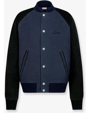 Dior Ribbon College Cotton And Suede Bomber - Blue