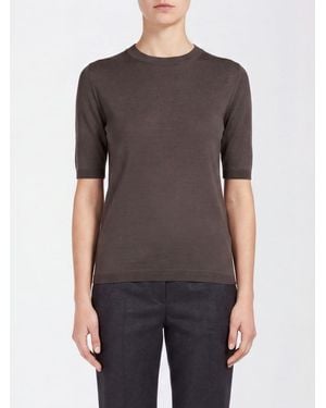 Max Mara Short-Sleeved Silk And Cashmere Knit Top With Slim Fit - Gray