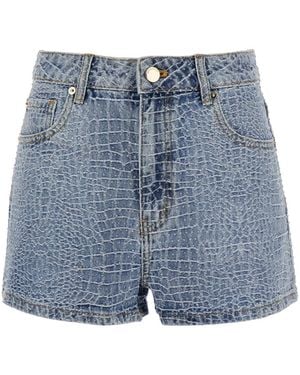 Self-Portrait Shorts 'Rhinestone Croc Effect' Denim With Strass Details - Blue