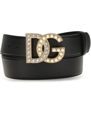 Dolce & Gabbana Dolce & Gabbana Leather Belt With Crystal Dg Logo - Black