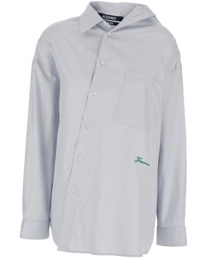 Jacquemus 'La Chemise Quadro' Shirt With Embroidered Logo On The Front And Asymmetric Design - Gray