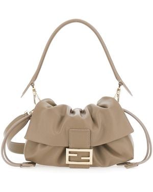 Fendi 'Baguette Soft' Medium Shoulder Bag With Ff Plate On The Front And Drawstring Closure - Natural