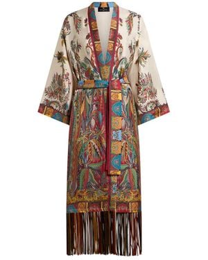 Etro Silk Duster Coat With Fringes And Paisley Foliage Print - White