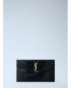 Saint Laurent Uptown Crocodile-Embossed Shiny Leather Pouch - Blue