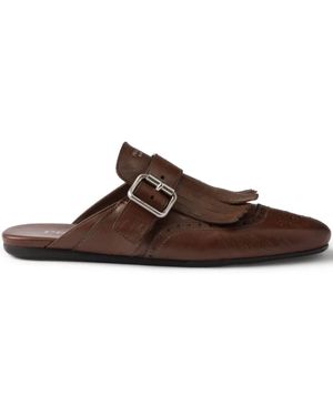 Prada Leather Fringed Shuffle Mules - Brown