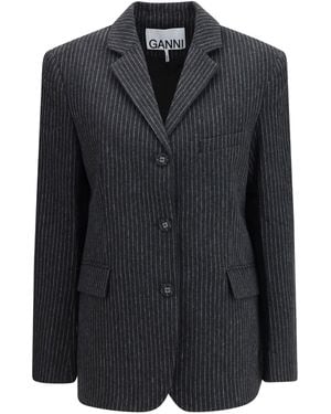 Ganni Pinstripe Wool Blazer Phantom - Black