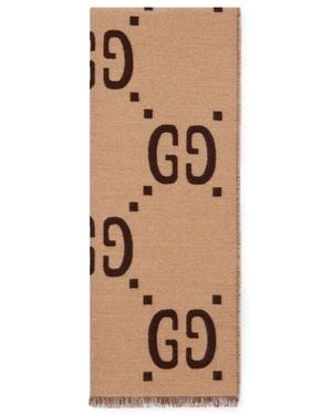 Gucci Wool And Silk Scarf With Gg Jacquard Pattern - Natural