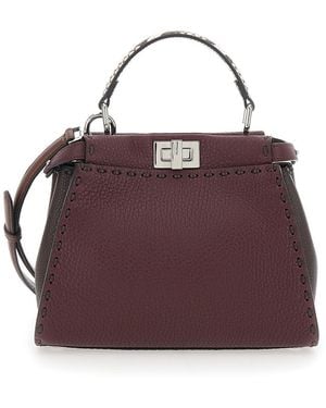 Fendi Bordeaux Peekaboo Tote Bag With Snakeskin Handle And Turn Lock Closure On Both Sides - Purple