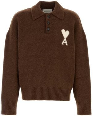 Ami Paris Ami Chocolate Stretch Alpaca Blend Polo Shirt - Brown