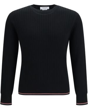 Thom Browne Crewneck Cotton Knit Sweater With-Bar Detail - Blue