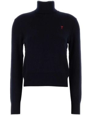 Ami Paris Logo Turtle Neck Sweater - Blue