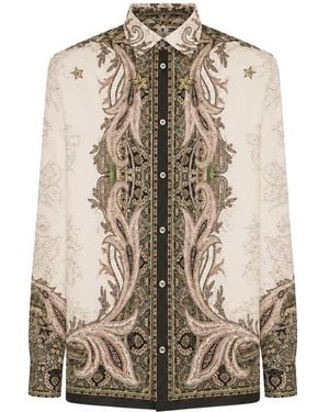Etro Silk Twill Shirt With Placed Pegasus Print - Brown