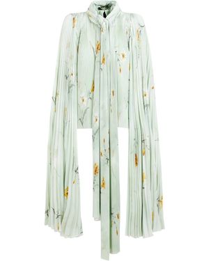 Balenciaga Elegant Floral Pleated Blouse With Padded Shoulders - Green