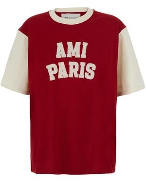 Ami Paris T-Shirt With Felt Embroidery And Short Sleeves - Red
