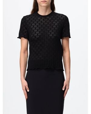 Gucci Slim Fit Cotton Knit Top With Jacquard Gg Monogram - Black
