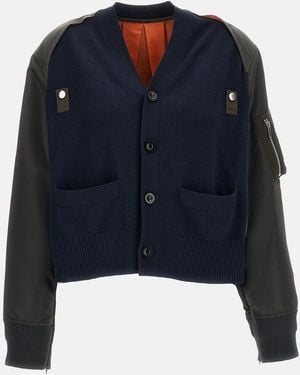 Sacai Nylon Twill X Cotton Knit Cardigan - Blue