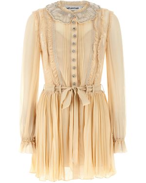 Self-Portrait Pleated Georgette With Peter Pan Collar Dress - Natural