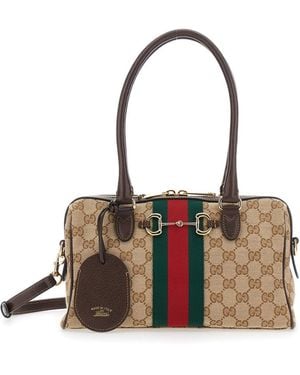Gucci Shoulder Bag With Horsebit And Web Stripe And Adjustable Removable Shoulder Strap - Natural