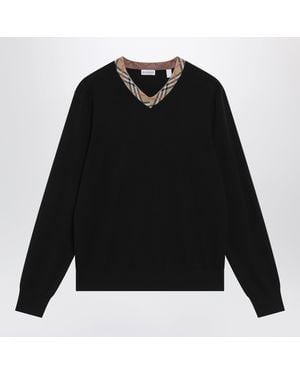 Burberry Wool Sweater With Check Motif Neckline - Black