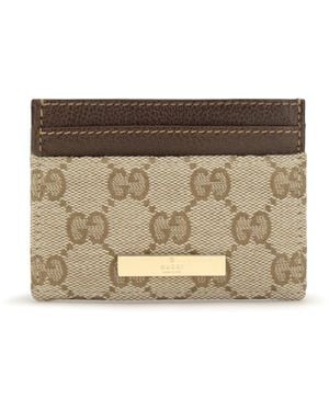 Gucci Gg Monogram Card Holder With Logo Plaque - Natural