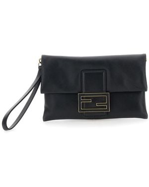 Fendi Pouch With Wrist Strap And Ff Plaque Closure - Black