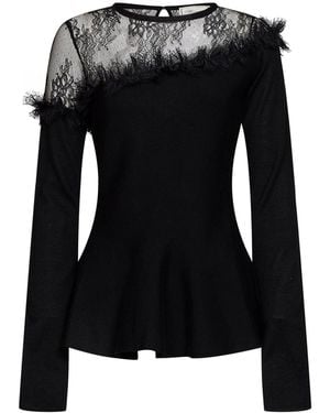 Blumarine Wool Knit Top With Tulle Yoke - Black
