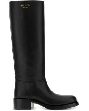 Prada Leather High Boots Shoes - Black