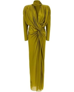 Balmain Draped Silk Dress With Knot - Green