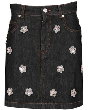 Marni Denim Skirt With Daisy Appliques - Black