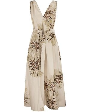 Brunello Cucinelli Long Cotton Dress With Floral Print And Matching Belt - Natural