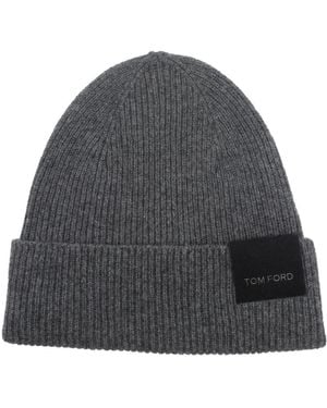 Tom Ford Logo Ribbed Cashmere Beanie - Gray