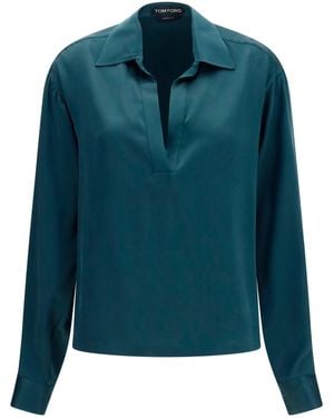 Tom Ford Deep V-Neck Silk Shirt - Blue