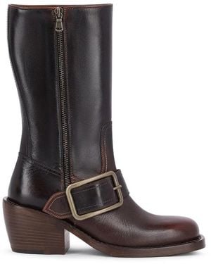 Dries Van Noten Calfskin Boots With A Square Toe, Rounded Block Heel, And Buckle Detail - Brown