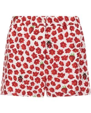 Versace Silk Shorts With Strawberry Garden Print - Red