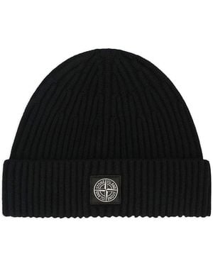 Stone Island Ribbed Wool Beanie With Compass Patch - Black