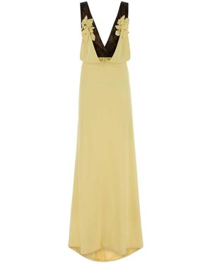 Costarellos Pastel Yellow Crepe Janessa Long Dress - Metallic