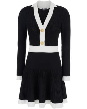 Balmain Ls V-Neck Torsade Flare Knit Dress - Black