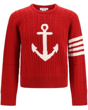 Thom Browne Bar Merino Wool Sweater With Anchor Motif - Red